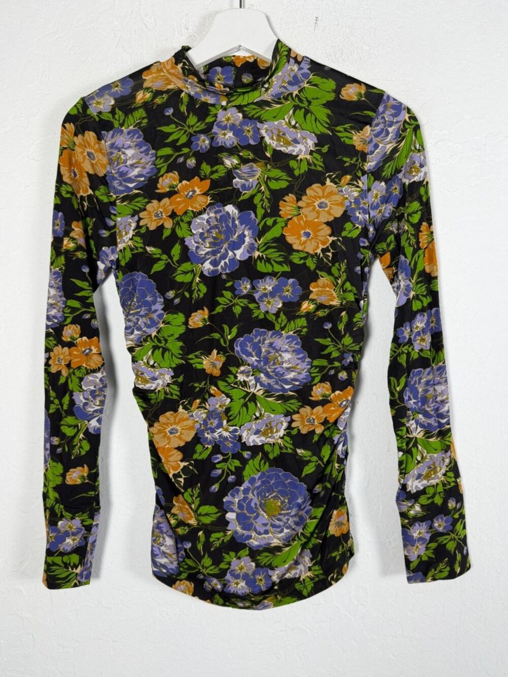 FARM Rio Womens Small Floral Mock Neck Long Sleeve Ruched Top Stretch Boho Black